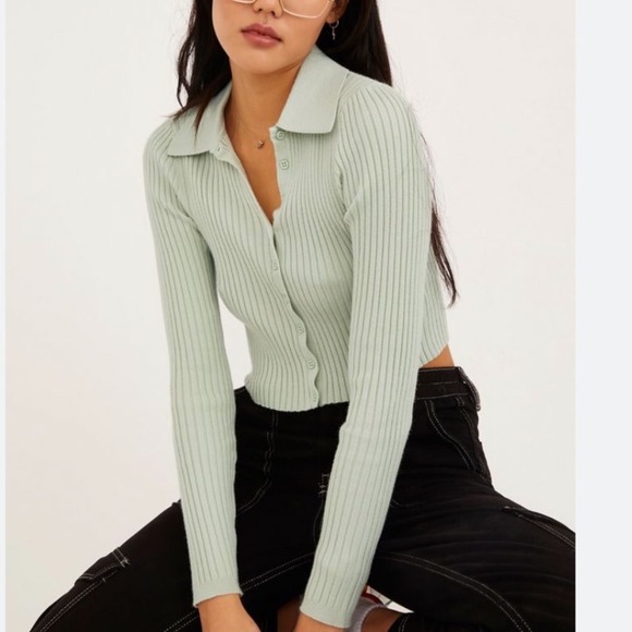Urban Outfitters Sweaters - Urban Outfitters Skylar S Mint Green Ribbed Collared Button Up Cropped Sweater